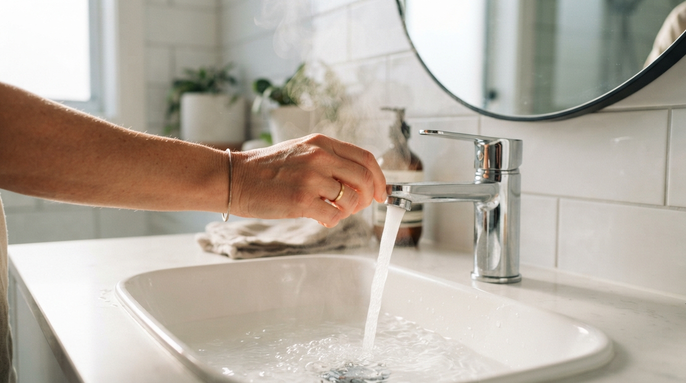Hot water running from a chrome bathroom tap in Adelaide home