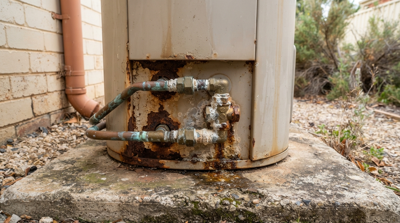 Corroded hot water system showing rust and mineral build-up in Adelaide