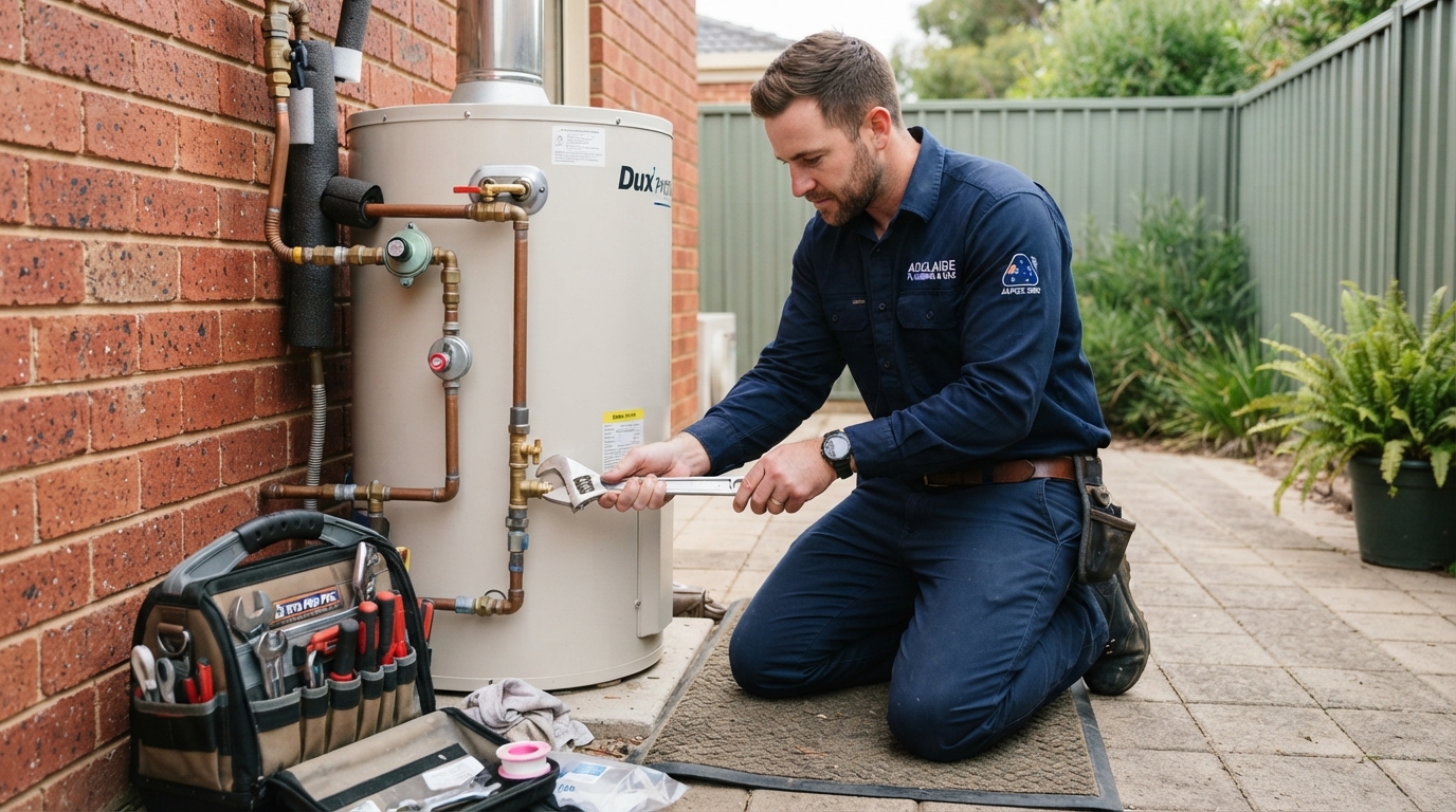 Licensed plumber repairing a hot water system in Adelaide