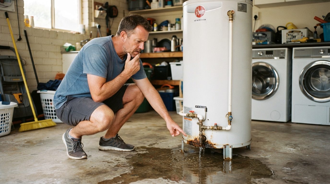 Homeowner inspecting a leaking hot water system in Adelaide