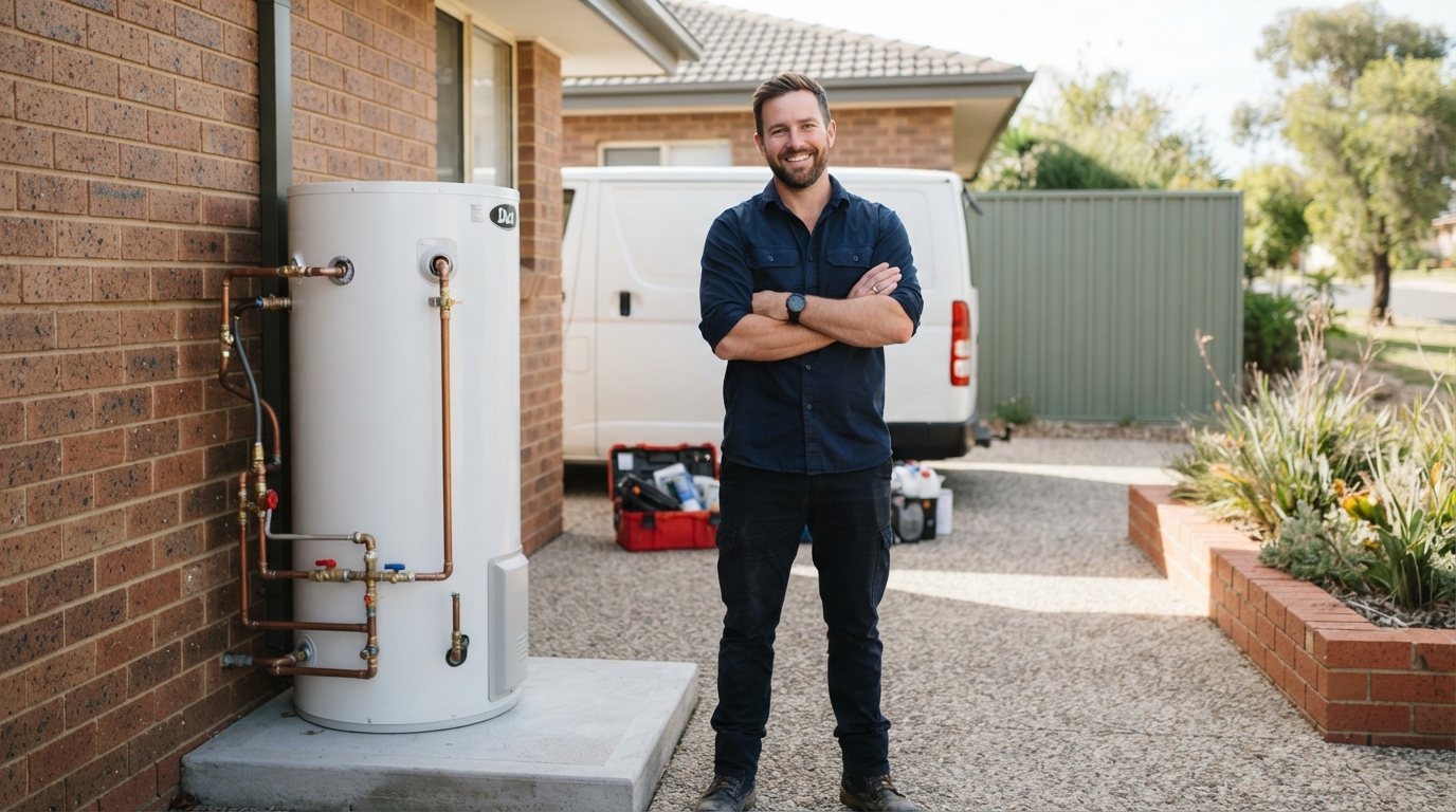 Mr Plumb Co plumber standing next to a hot water system in Adelaide