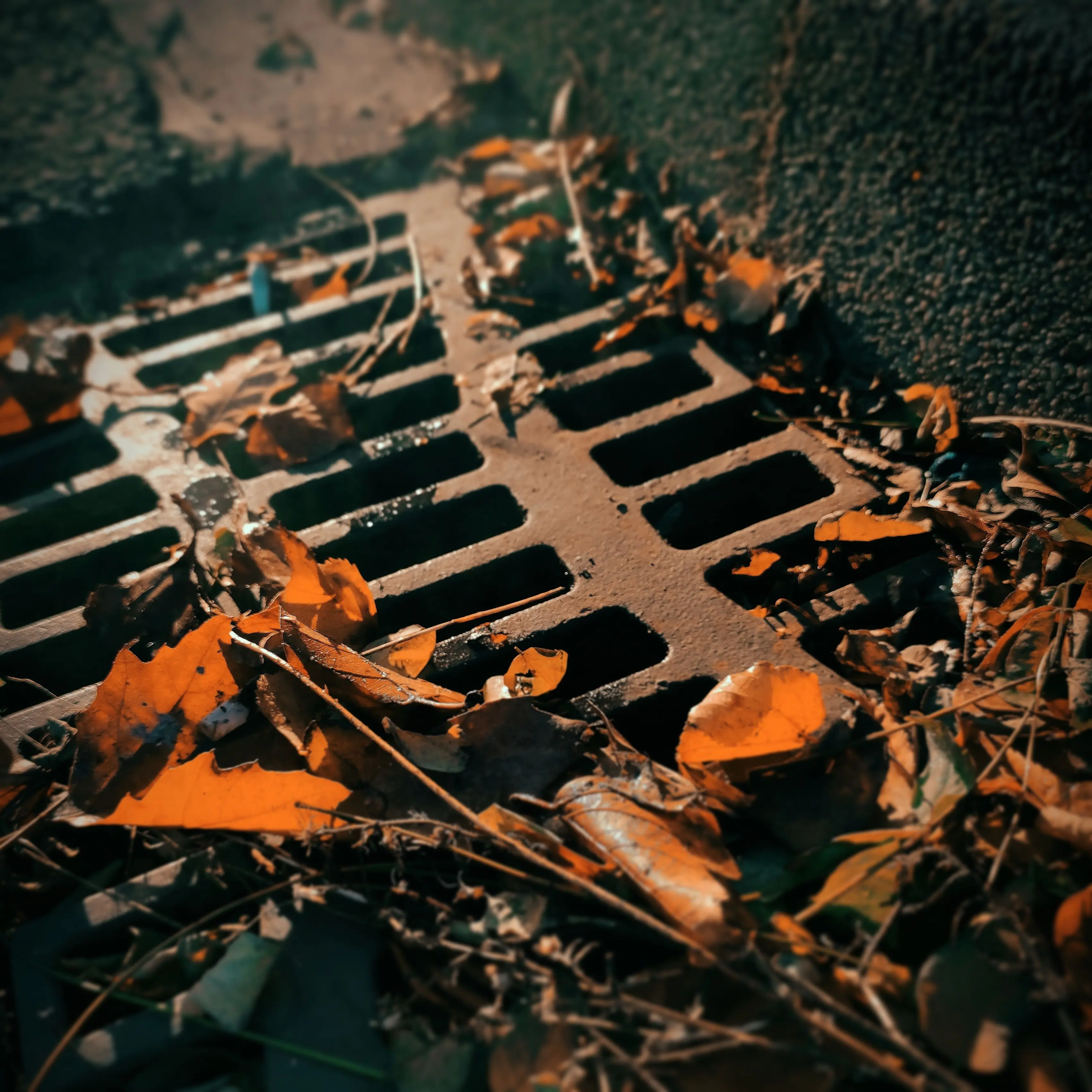 Autumn leaves building up over a storm drain grate, a common cause of blocked drains
